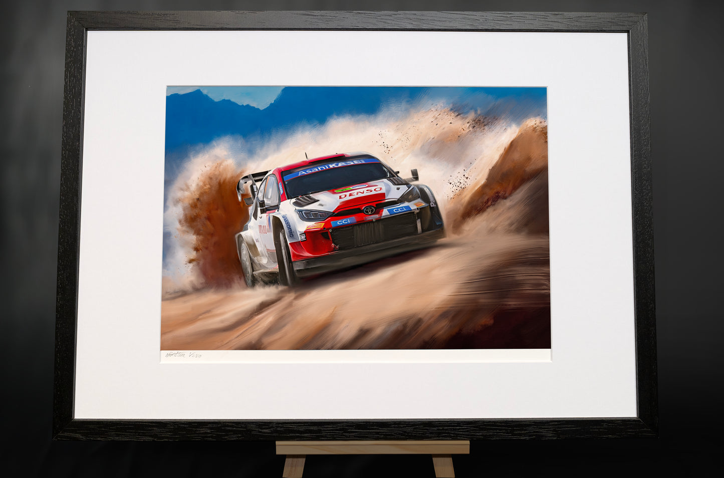 A painting of a Toyota yaris GR1 rally car.