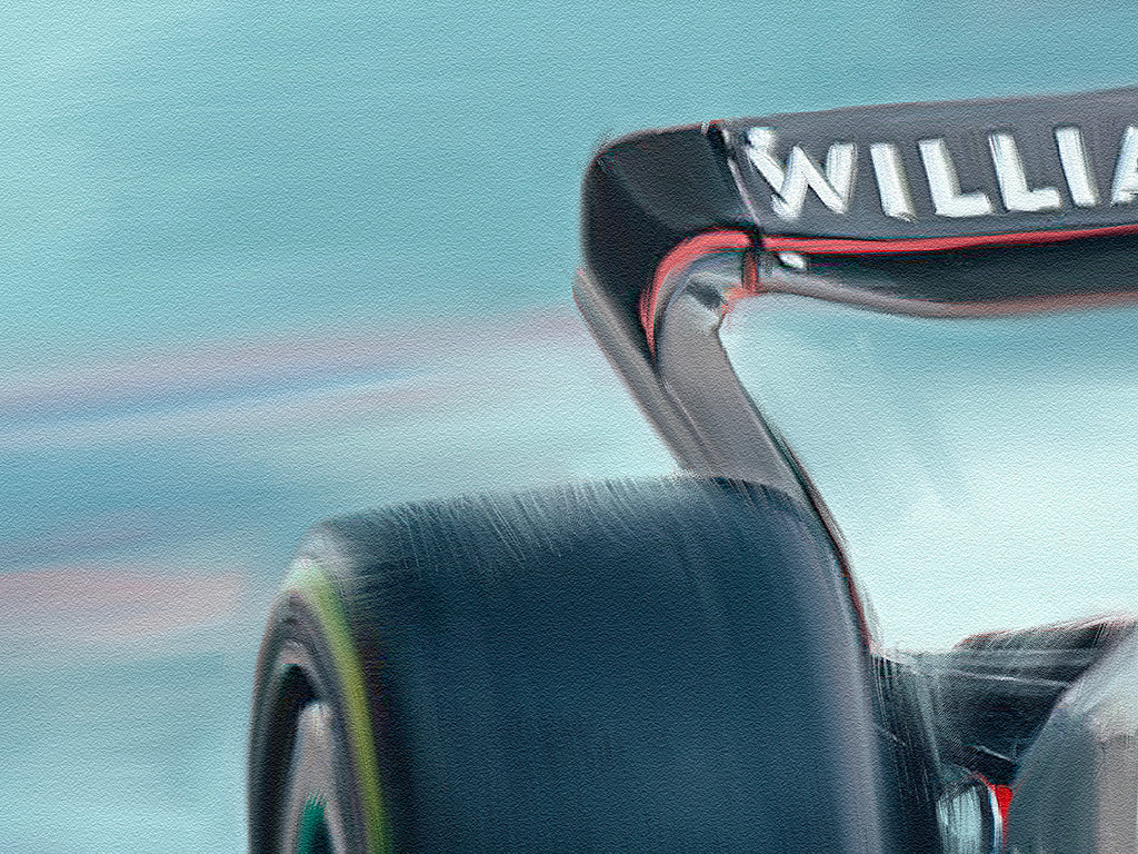 A painting of the Williams Racing 2023 F1 Car.