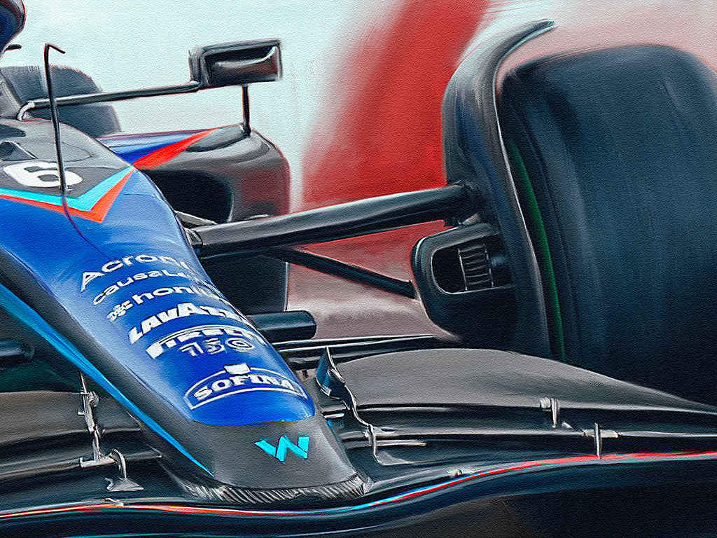 A painting of the Williams Racing 2023 F1 Car.