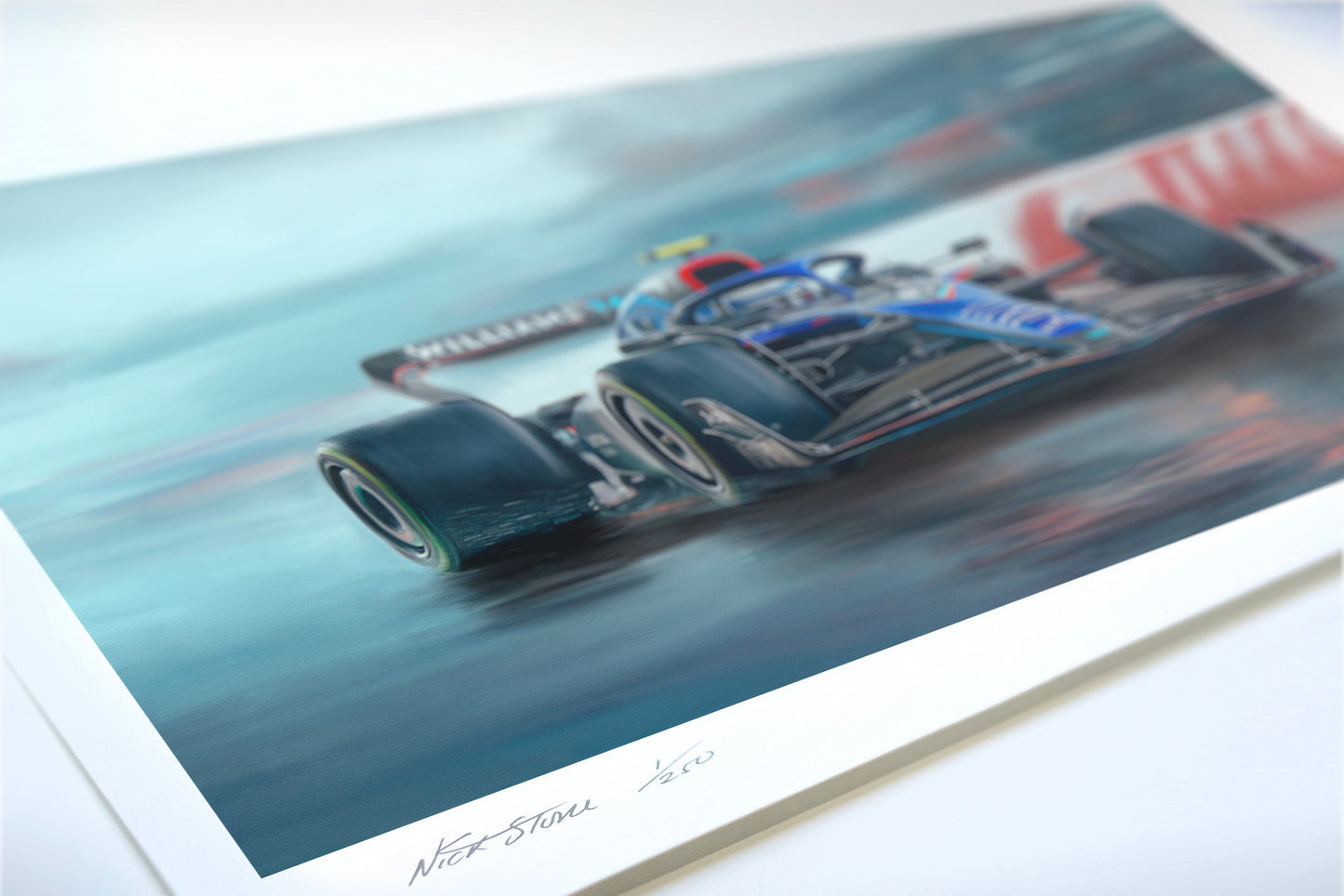 A painting of the Williams Racing 2023 F1 Car.