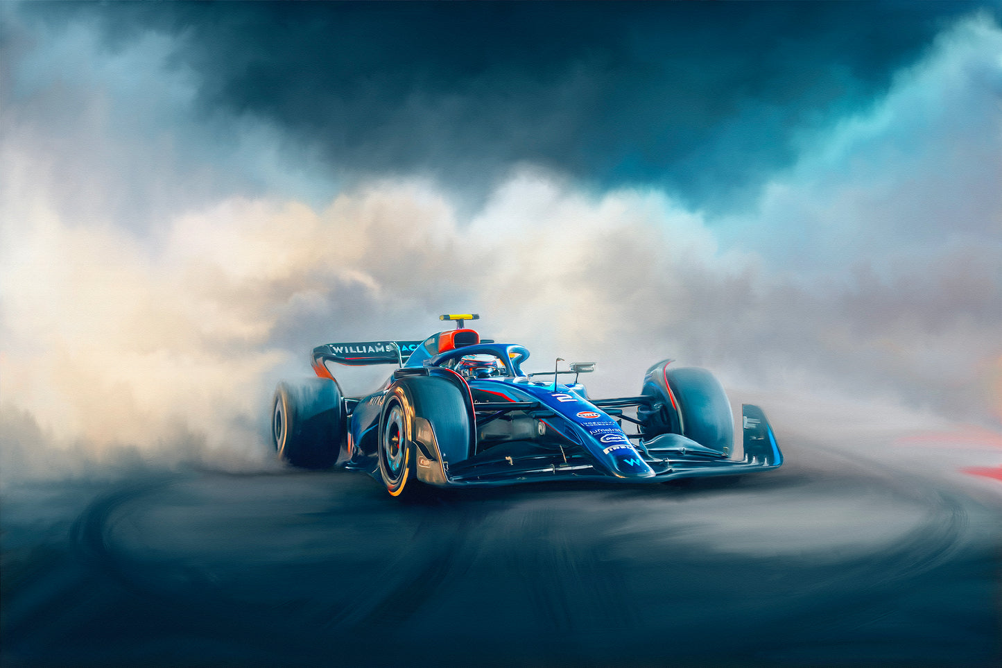A painting of the Williams Racing 2023 F1 car.