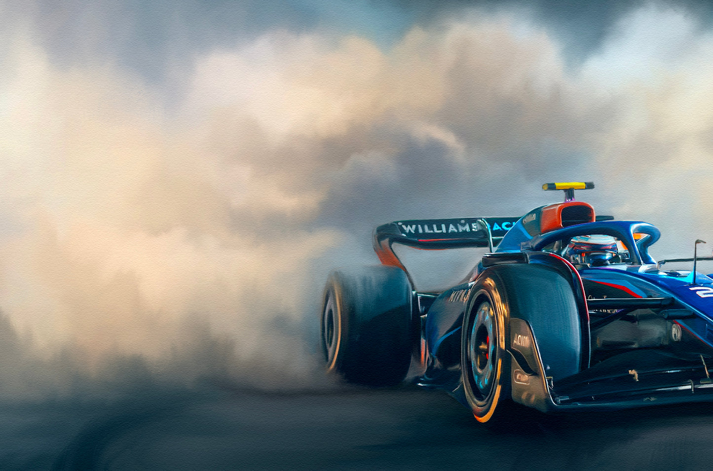 A painting of the Williams Racing 2023 F1 car.
