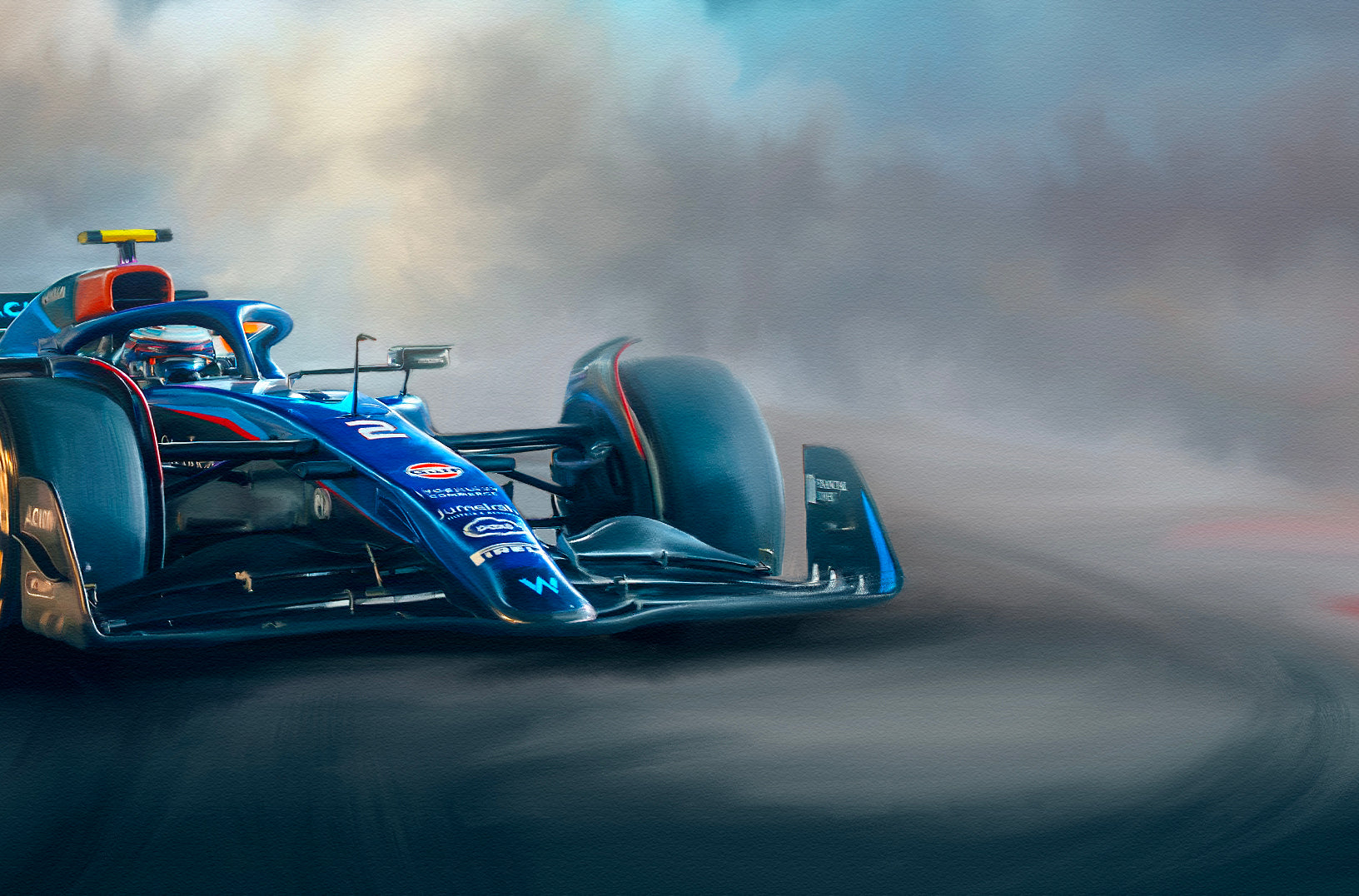 A painting of the Williams Racing 2023 F1 car.