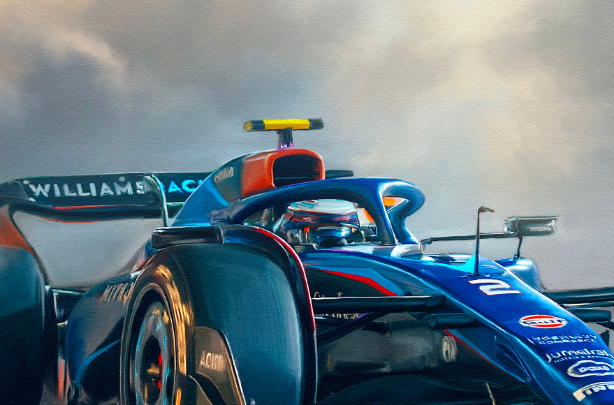 A painting of the Williams Racing 2023 F1 car.