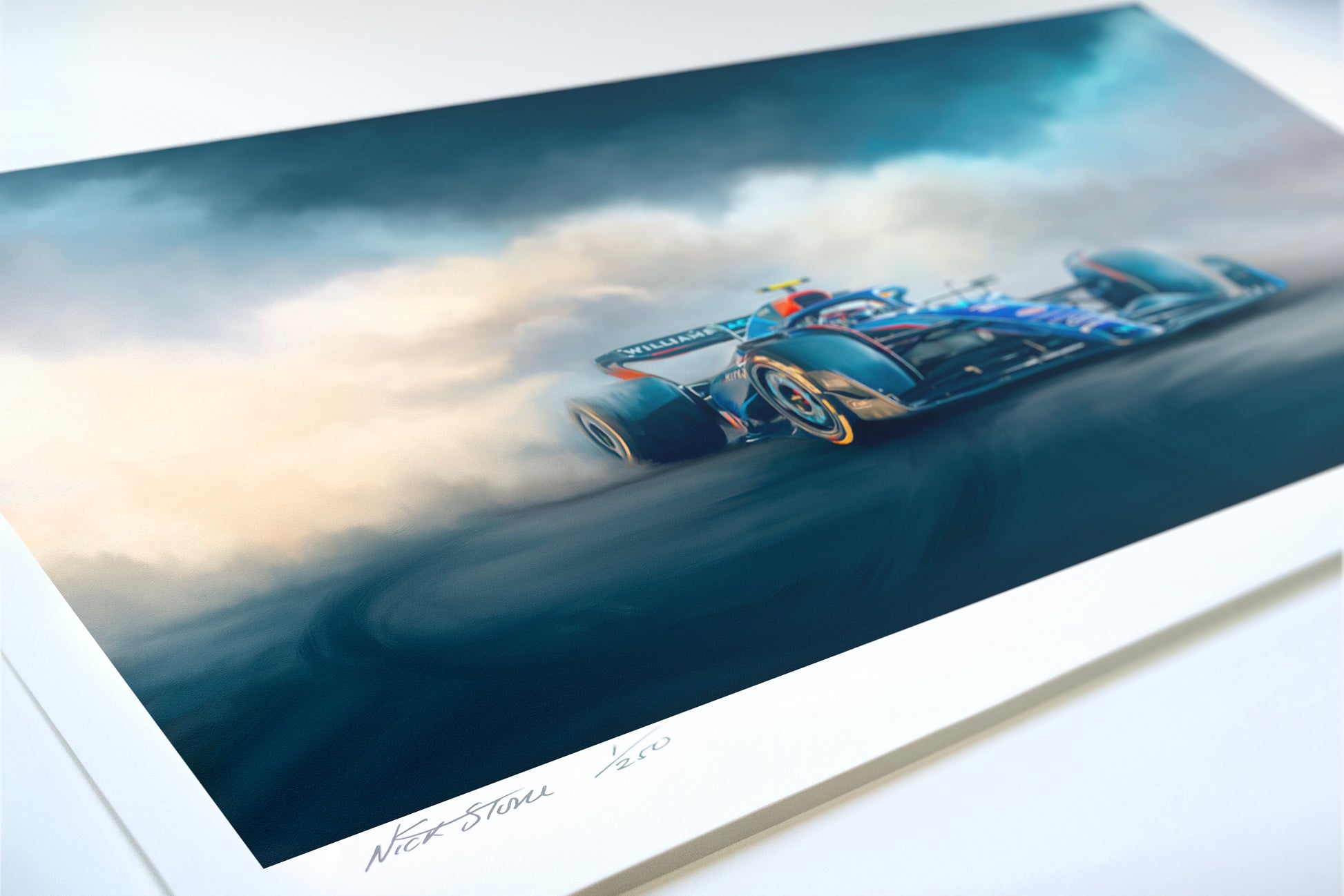 A painting of the Williams Racing 2023 F1 car.