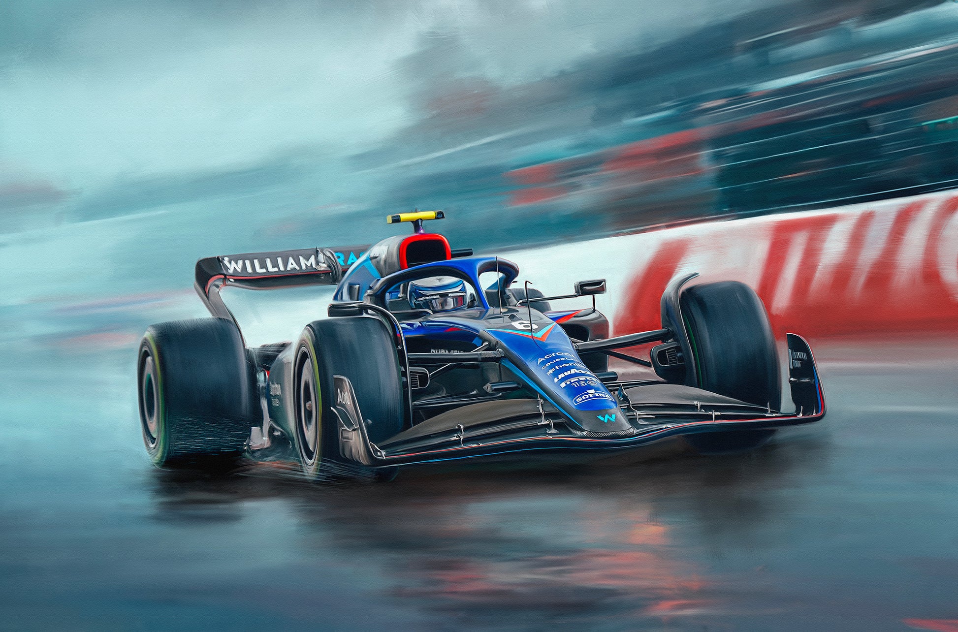 A painting of the Williams Racing 2023 F1 Car.