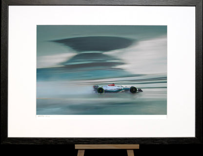 A painting of Lewis Hamilton driving in the rain at the Nurburgring,