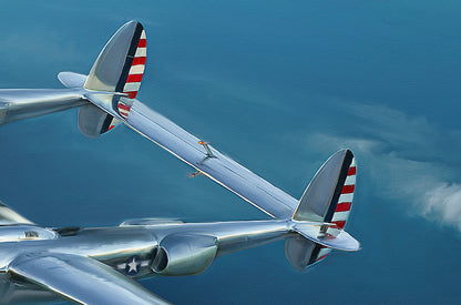 A painting of a P38 Lightning fighter aircraft.