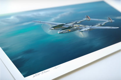 A painting of a P38 Lightning fighter aircraft.