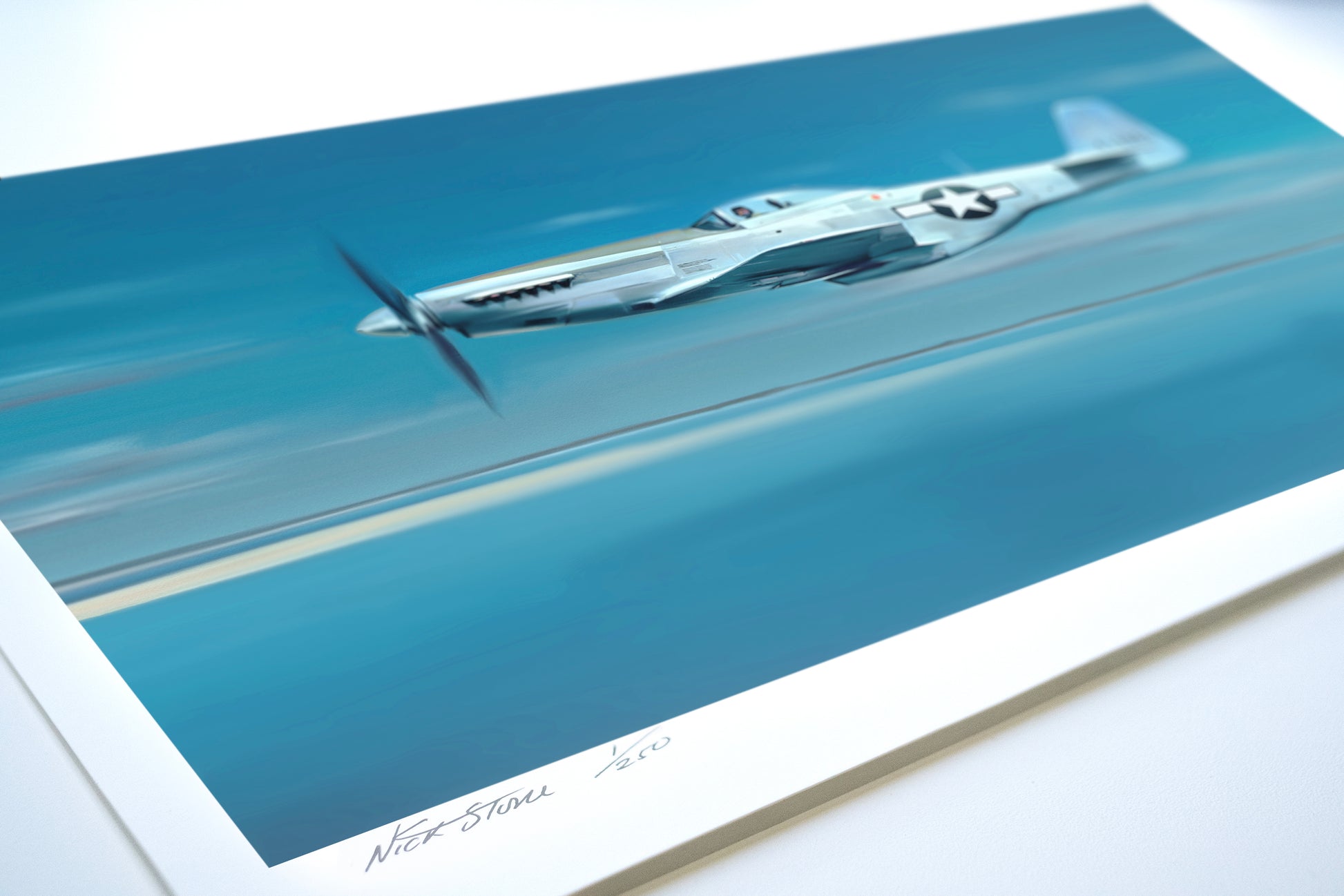 A painting of a P51 Mustang fighter plane.