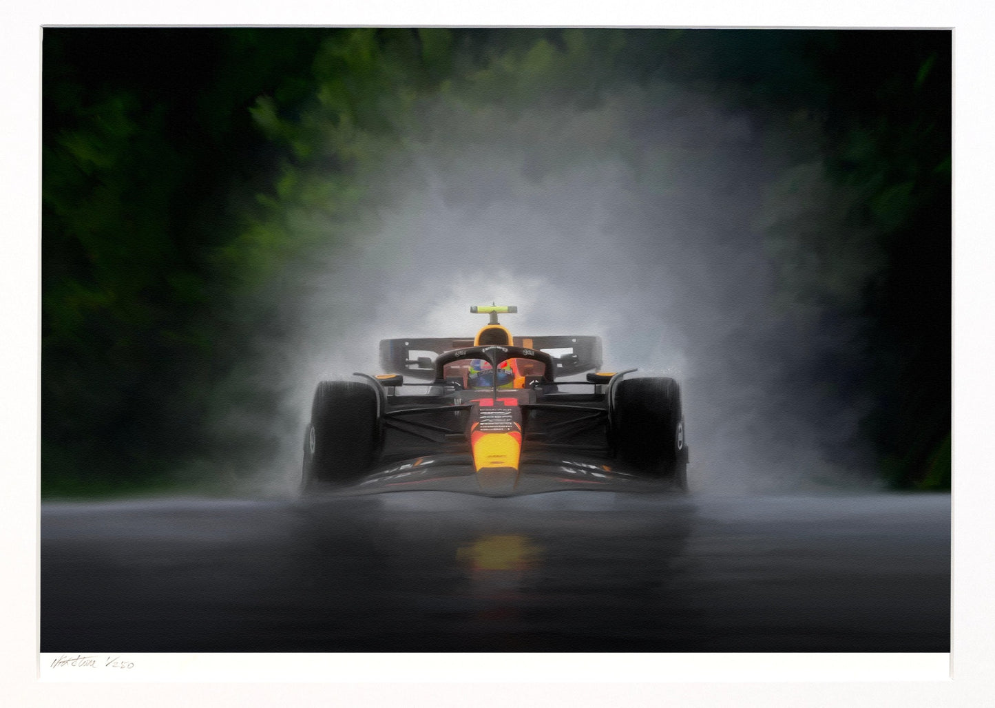 Max Verstappen driving the Red Bull Racing F1 car to victory in the rain in the  Belgian Grand Prix.