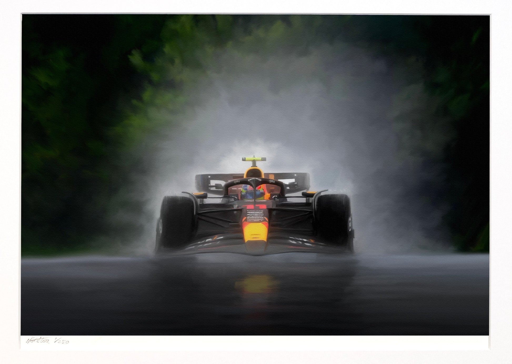 Max Verstappen driving the Red Bull Racing F1 car to victory in the rain in the  Belgian Grand Prix.