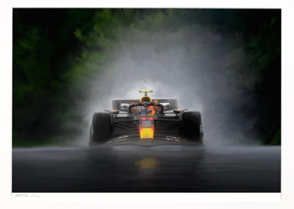 Max Verstappen driving the Red Bull Racing F1 car to victory in the rain in the  Belgian Grand Prix.