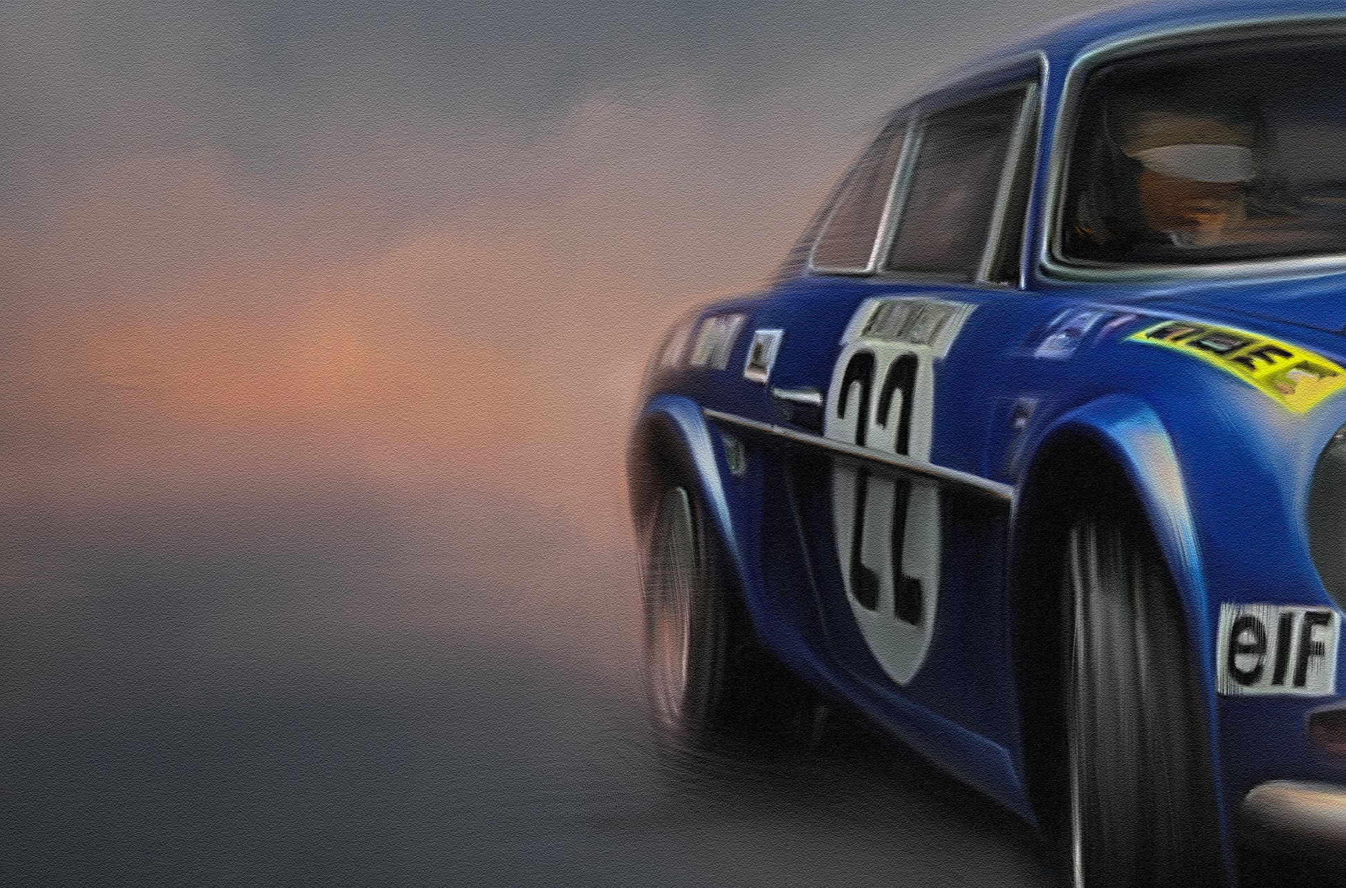 A painting of a Renault Alpine rally car during the mountain stage of the Monte Carlo Rally.