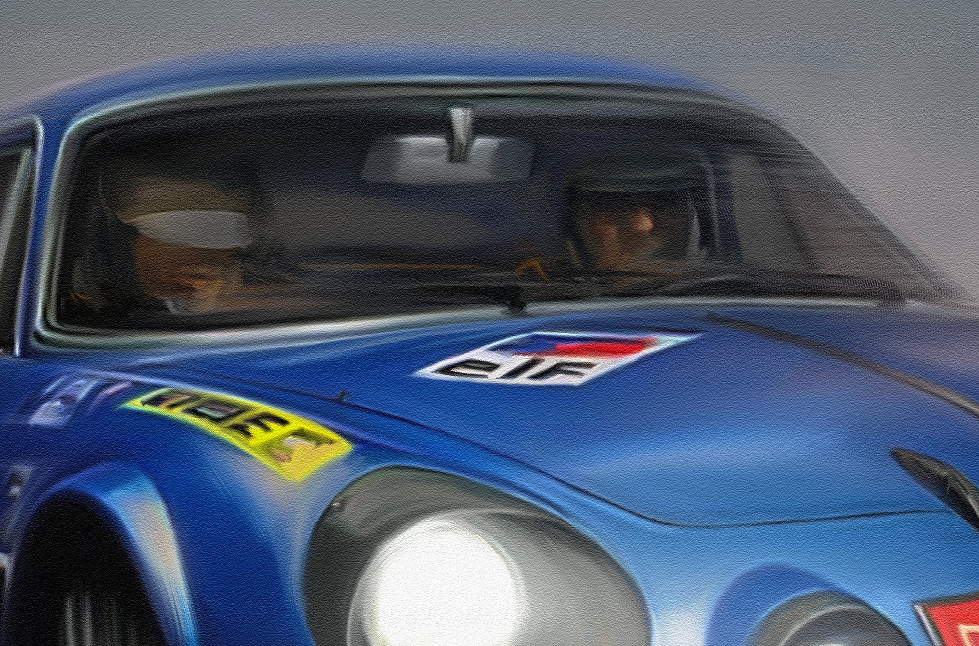 A painting of a Renault Alpine rally car during the mountain stage of the Monte Carlo Rally.