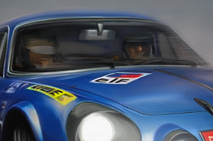A painting of a Renault Alpine rally car during the mountain stage of the Monte Carlo Rally.