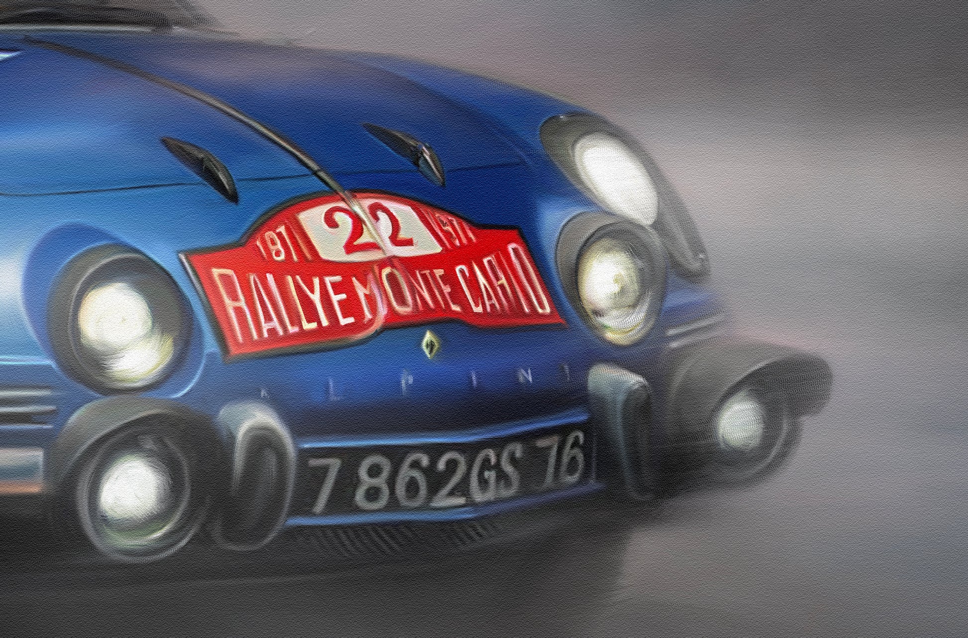A painting of a Renault Alpine rally car during the mountain stage of the Monte Carlo Rally.