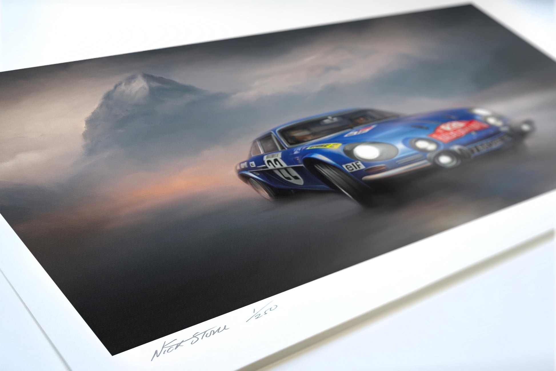 A painting of a Renault Alpine rally car during the mountain stage of the Monte Carlo Rally.
