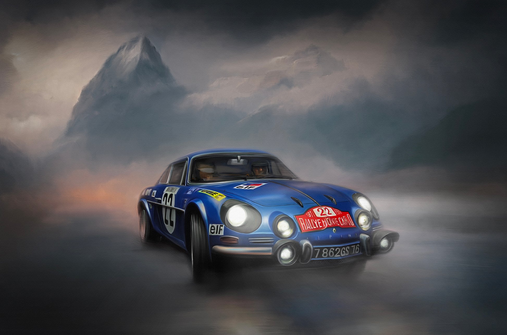 A painting of a Renault Alpine rally car during the mountain stage of the Monte Carlo Rally.