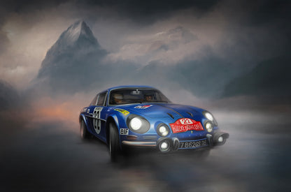 A painting of a Renault Alpine rally car during the mountain stage of the Monte Carlo Rally.