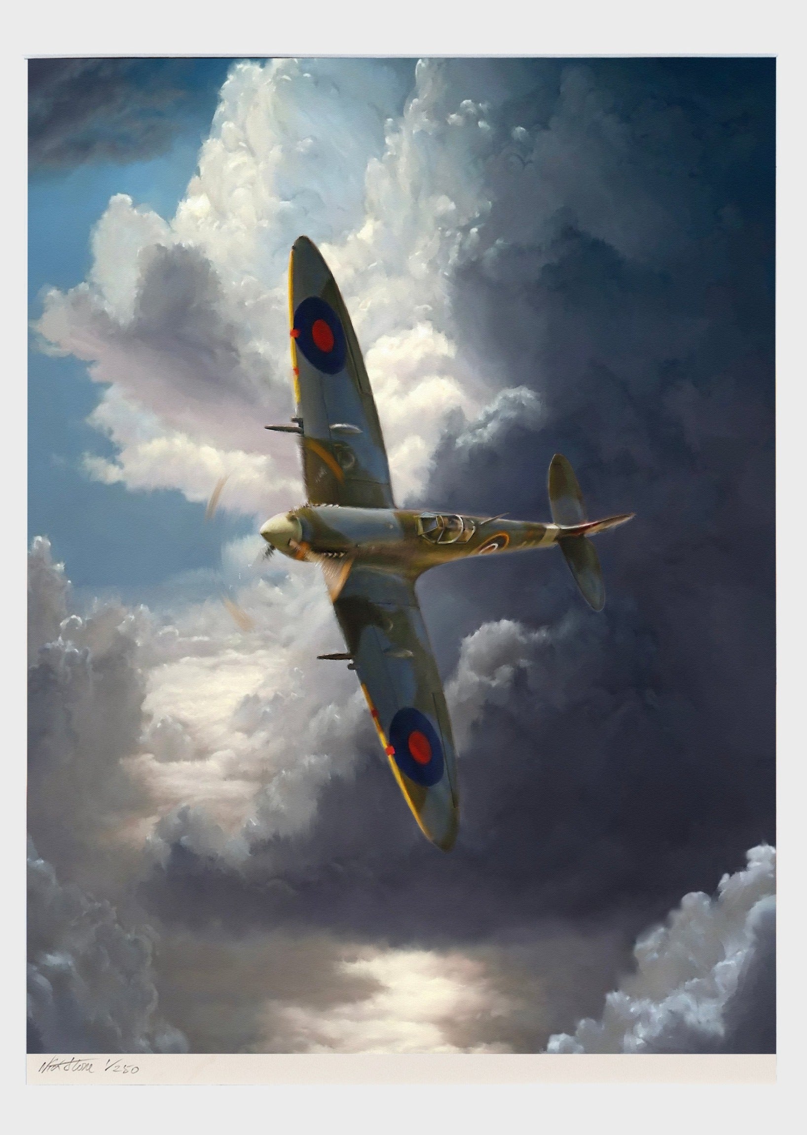 A painting of a Spitfire flying above the clouds.
