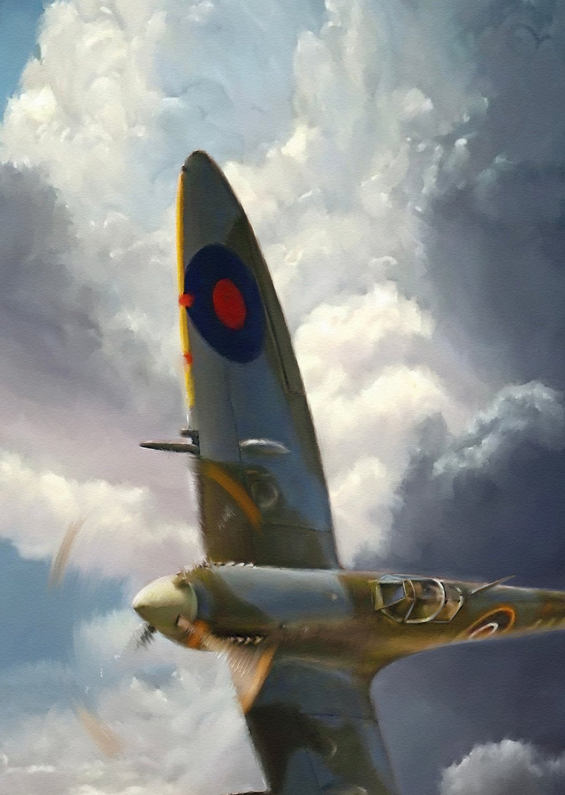 A painting of a Spitfire flying above the clouds.