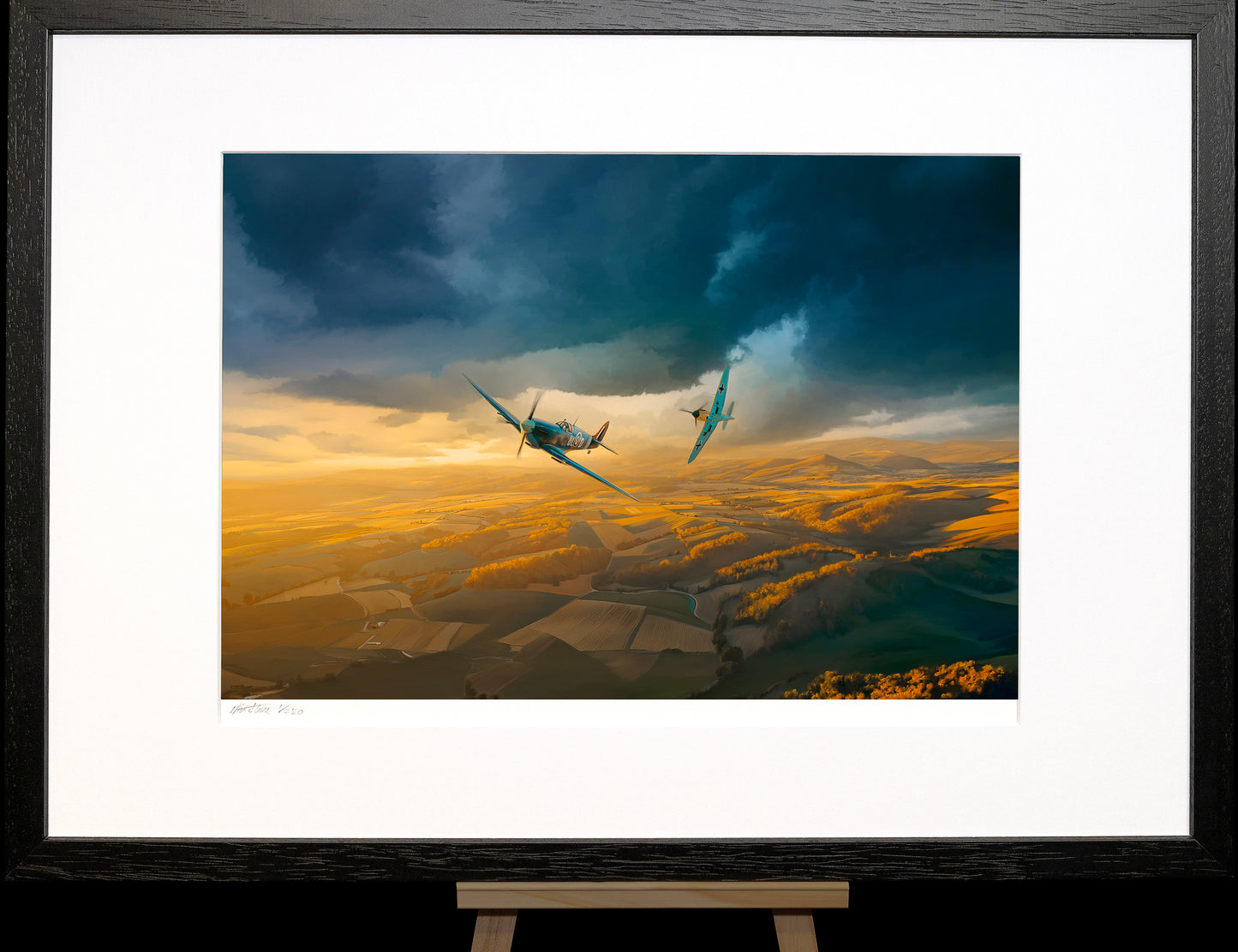 Two airplanes flying over a landscape with a stormy sky